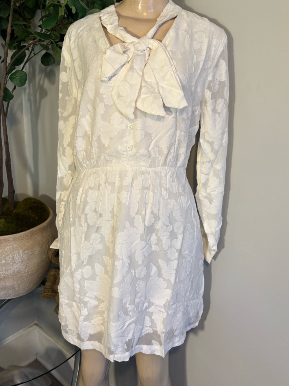 T.J.Maxx White Floral Tie-Neck Mini Dress